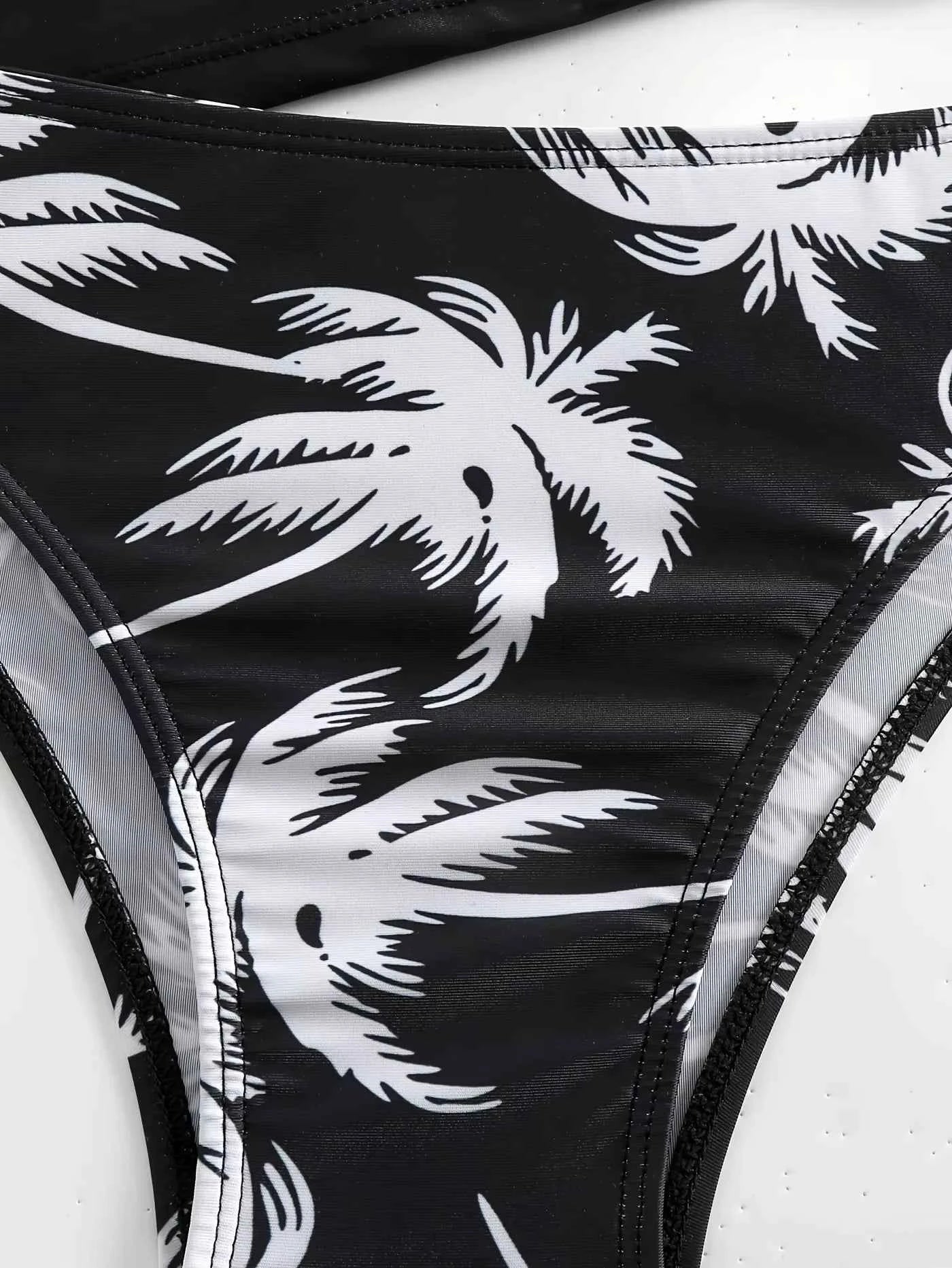 Black Coconut Print Tie Bikini Set for Women